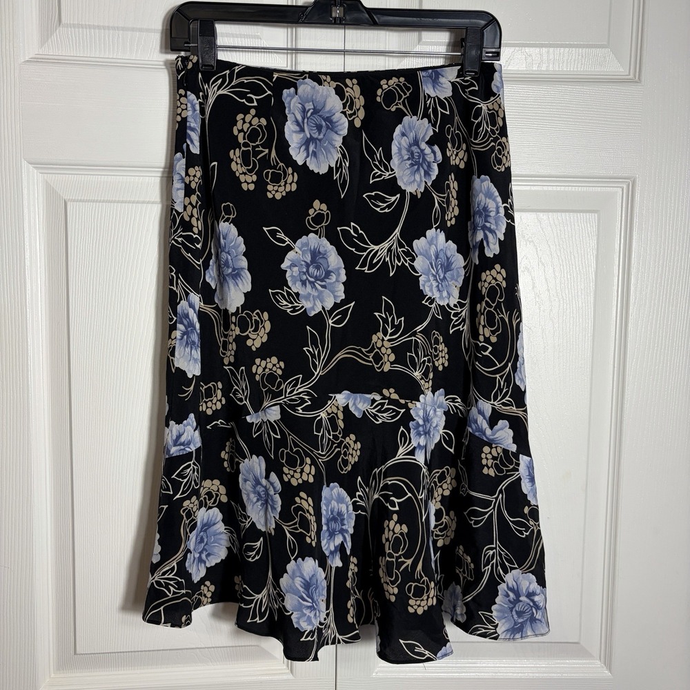 Vintage Ann Taylor LOFT Floral Silk Skirt Women 4 Black Blue Peonies Y2K Lined - Picture 2 of 7